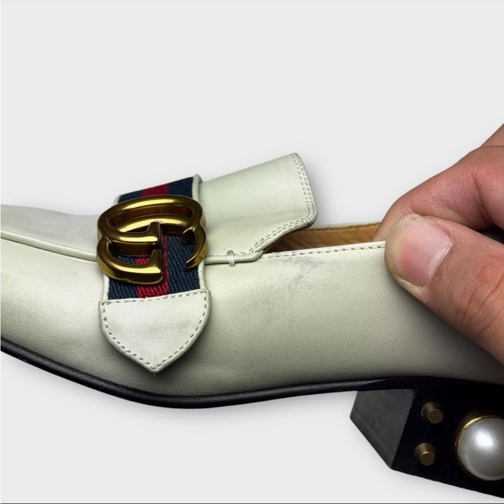 Gucci Ivory Leather Pearl Heel GG Marmont Loafers Shoes Women 36 US Size 6 - Picture 9 of 16